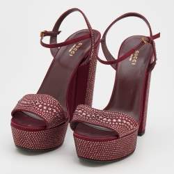 Gucci Burgundy Crystal Embellished Satin Platform Sandals Size 39