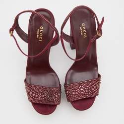 Gucci Burgundy Crystal Embellished Satin Platform Sandals Size 39