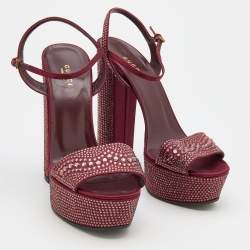 Gucci Burgundy Crystal Embellished Satin Platform Sandals Size 39