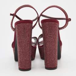 Gucci Burgundy Crystal Embellished Satin Platform Sandals Size 39