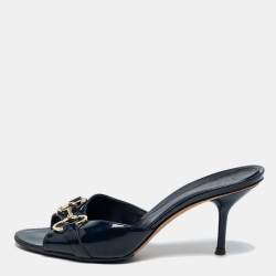 Gucci Navy Blue Patent Leather Hollywood Slide Sandals Size 36