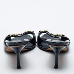 Gucci Navy Blue Patent Leather Hollywood Slide Sandals Size 36