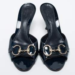 Gucci Navy Blue Patent Leather Hollywood Slide Sandals Size 36