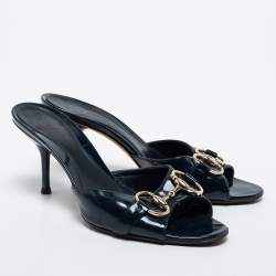 Gucci Navy Blue Patent Leather Hollywood Slide Sandals Size 36