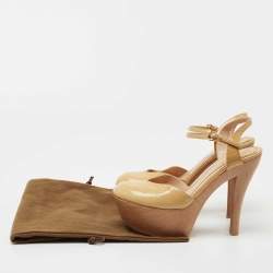 Gucci Beige Patent Leather Ankle Strap Wooden Ankle Strap Clog Size 37 