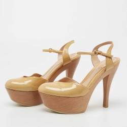 Gucci Beige Patent Leather Ankle Strap Wooden Ankle Strap Clog Size 37 