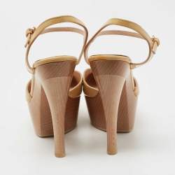 Gucci Beige Patent Leather Ankle Strap Wooden Ankle Strap Clog Size 37 