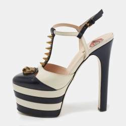 Pre Owned Gucci Navy Blue/White Leather Angel Feline Head Accent T-Strap Platform Pumps Size 37