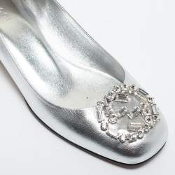 Pre Owned Gucci Silver Leather Interlocking G Logo Embellished Ballet Flats Size 37