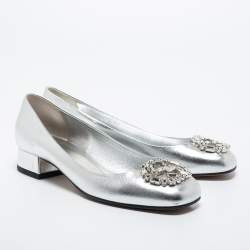 Pre Owned Gucci Silver Leather Interlocking G Logo Embellished Ballet Flats Size 37