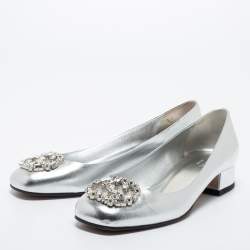 Pre Owned Gucci Silver Leather Interlocking G Logo Embellished Ballet Flats Size 37