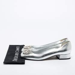 Pre Owned Gucci Silver Leather Interlocking G Logo Embellished Ballet Flats Size 37