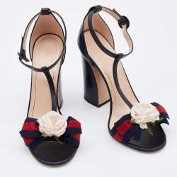 Gucci Black Leather and Web Bow Flower Ankle Strap Sandals Size 38.5