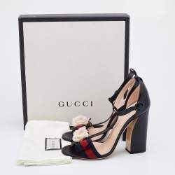 Gucci Black Leather and Web Bow Flower Ankle Strap Sandals Size 38.5