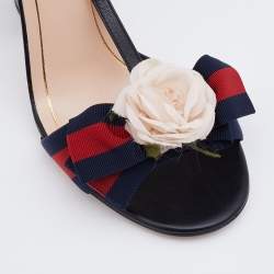 Gucci Black Leather and Web Bow Flower Ankle Strap Sandals Size 38.5