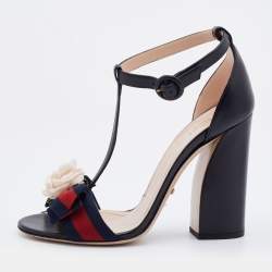 Gucci Black Leather and Web Bow Flower Ankle Strap Sandals Size 38.5