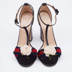Gucci Black Leather and Web Bow Flower Ankle Strap Sandals Size 38.5