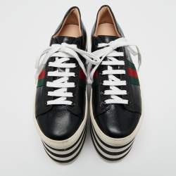 Pre Owned Gucci Black Leather Peggy Web Detail Platform Sneakers Size 36.5