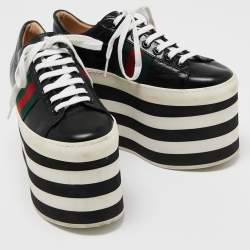 Pre Owned Gucci Black Leather Peggy Web Detail Platform Sneakers Size 36.5