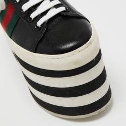 Pre Owned Gucci Black Leather Peggy Web Detail Platform Sneakers Size 36.5