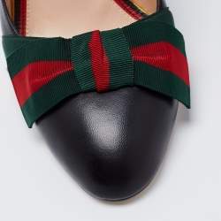 Pre Owned Gucci Black Leather Web Bow Block Heel Pumps Size 36.5