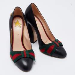 Pre Owned Gucci Black Leather Web Bow Block Heel Pumps Size 36.5