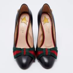 Pre Owned Gucci Black Leather Web Bow Block Heel Pumps Size 36.5