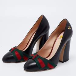 Pre Owned Gucci Black Leather Web Bow Block Heel Pumps Size 36.5