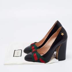 Pre Owned Gucci Black Leather Web Bow Block Heel Pumps Size 36.5