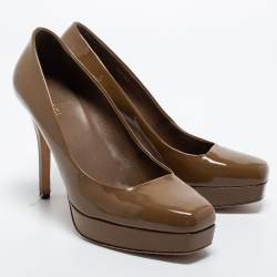 Pre Owned Gucci Olive Green  Patent Leather Tile Square Toe Platform Pumps Size 39