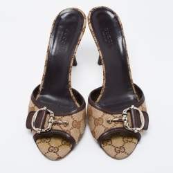Gucci Beige GG Canvas and Leather Horsebit Mule Sandals Size 39