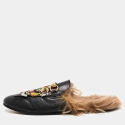 Pre Owned Gucci Black Leather and Fur Tiger Embroidered Princetown Horsebit Flat Mules Size 37