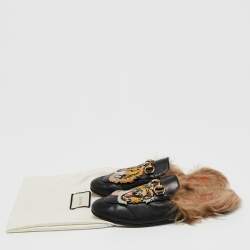 Pre Owned Gucci Black Leather and Fur Tiger Embroidered Princetown Horsebit Flat Mules Size 37