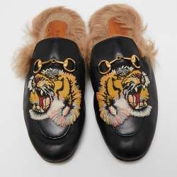 Pre Owned Gucci Black Leather and Fur Tiger Embroidered Princetown Horsebit Flat Mules Size 37