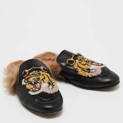 Pre Owned Gucci Black Leather and Fur Tiger Embroidered Princetown Horsebit Flat Mules Size 37