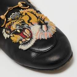 Pre Owned Gucci Black Leather and Fur Tiger Embroidered Princetown Horsebit Flat Mules Size 37