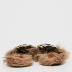 Pre Owned Gucci Black Leather and Fur Tiger Embroidered Princetown Horsebit Flat Mules Size 37