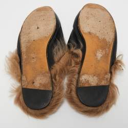 Pre Owned Gucci Black Leather and Fur Tiger Embroidered Princetown Horsebit Flat Mules Size 37