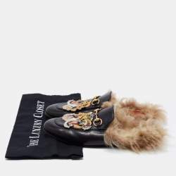 Pre Owned Gucci Black Tiger Embroidered Leather And Fur Princetown Horsebit Flat Mules Size 38