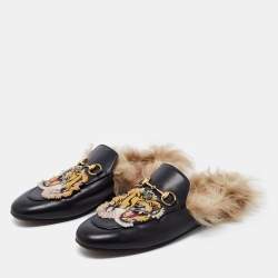 Pre Owned Gucci Black Tiger Embroidered Leather And Fur Princetown Horsebit Flat Mules Size 38