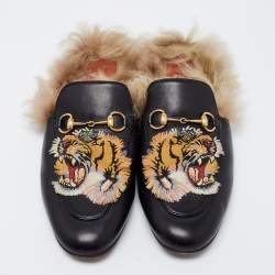 Pre Owned Gucci Black Tiger Embroidered Leather And Fur Princetown Horsebit Flat Mules Size 38