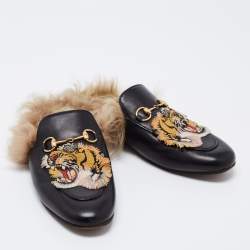 Pre Owned Gucci Black Tiger Embroidered Leather And Fur Princetown Horsebit Flat Mules Size 38