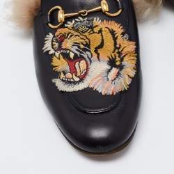 Pre Owned Gucci Black Tiger Embroidered Leather And Fur Princetown Horsebit Flat Mules Size 38
