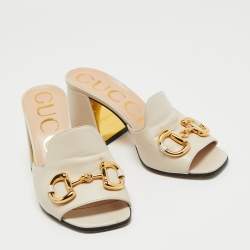 Pre Owned Gucci Cream Leather Horsebit Block Heel Slide Sandals Size 36