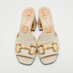 Pre Owned Gucci Cream Leather Horsebit Block Heel Slide Sandals Size 36