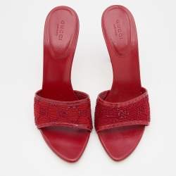 Gucci Red Beads and Lizard Embossed Mules Sandals Size 38