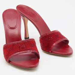 Gucci Red Beads and Lizard Embossed Mules Sandals Size 38