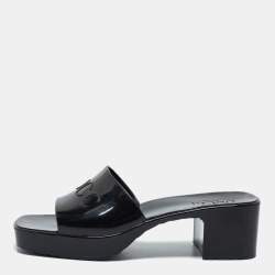 Pre Owned Gucci Black Logo Rubber Slide Block Heel Sandals Size 38