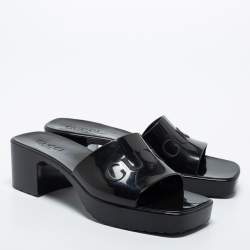 Pre Owned Gucci Black Logo Rubber Slide Block Heel Sandals Size 38