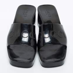 Pre Owned Gucci Black Logo Rubber Slide Block Heel Sandals Size 38